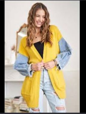 ADORA Green Cardigan with Light Blue Frayed Denim Sleeves